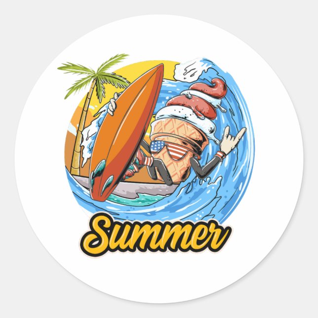 ice cream surfing on summer beach classic round sticker (Front)