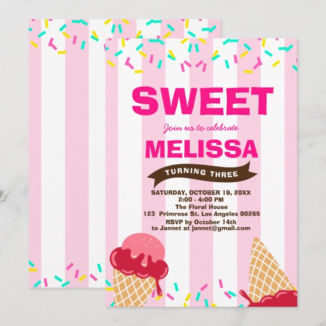 Ice-Cream Sweet Baby Sprinkle Candy shop Birthday Invitation (Front/Back)