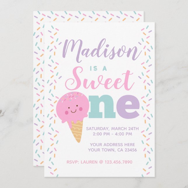 Ice Cream, Sweet One, 1st birthday Invitation (Front/Back)