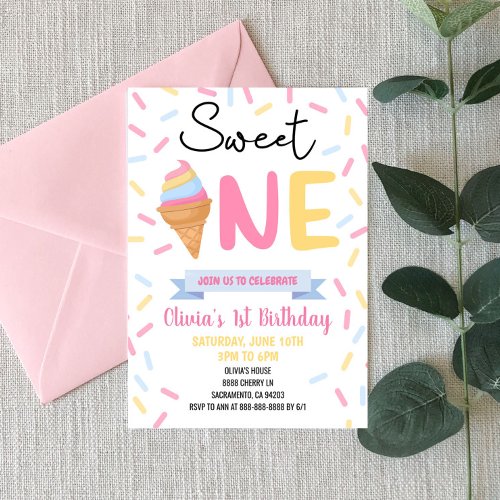 Ice Cream Sweet One 1st First Birthday Party Invitation