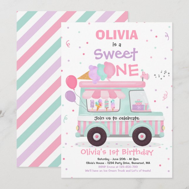 Ice Cream Sweet One Birthday Ice Cream Truck Invitation (Front/Back)