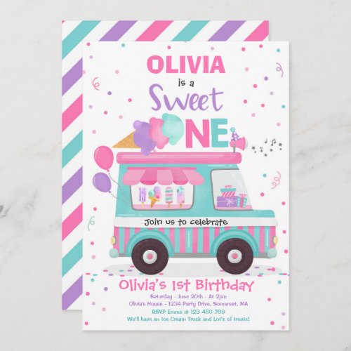 Ice Cream Sweet One Birthday Ice Cream Truck Invitation