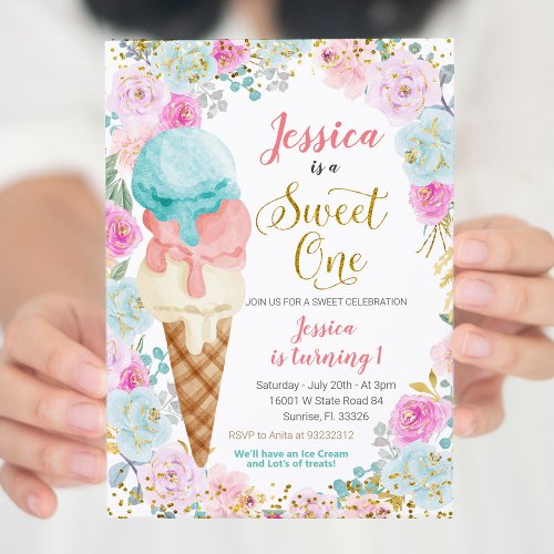 Ice Cream Sweet ONE Birthday Invitation