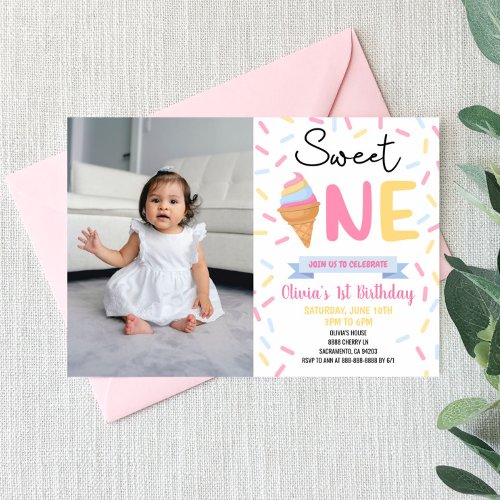 Ice Cream Sweet One Photo 1st First Birthday Party Invitation
