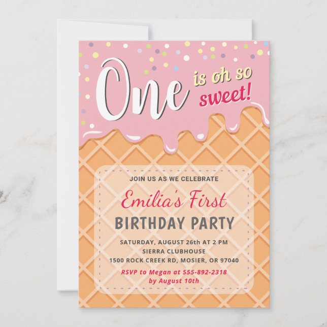 Ice Cream Sweet Party Girl First 1st Birthday Invitation (Front)