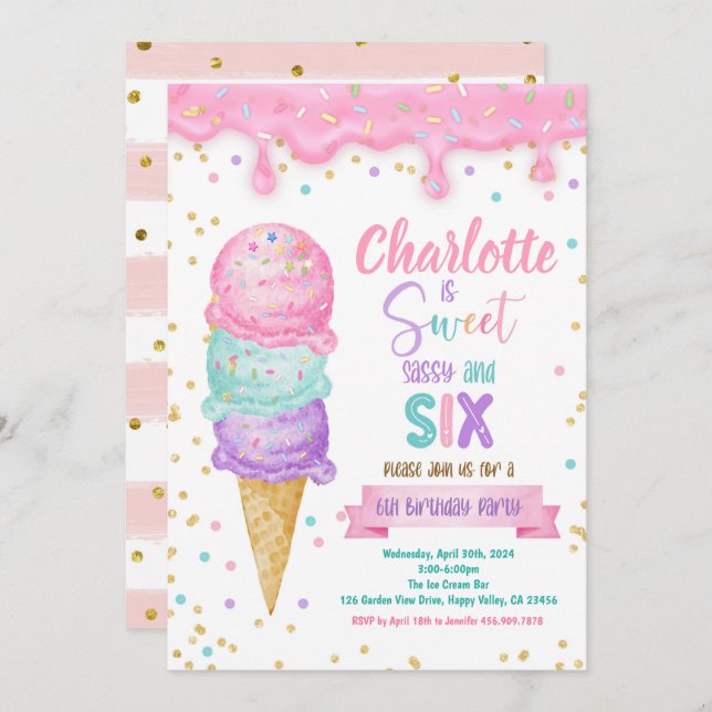Ice Cream Sweet Sassy and Six 6th Birthday Party Invitation (Front/Back)