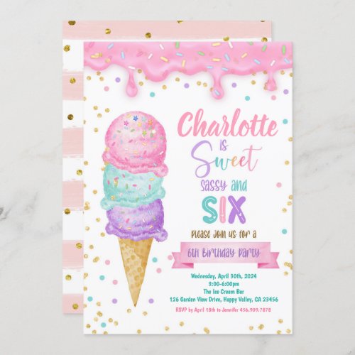 Ice Cream Sweet Sassy and Six 6th Birthday Party Invitation