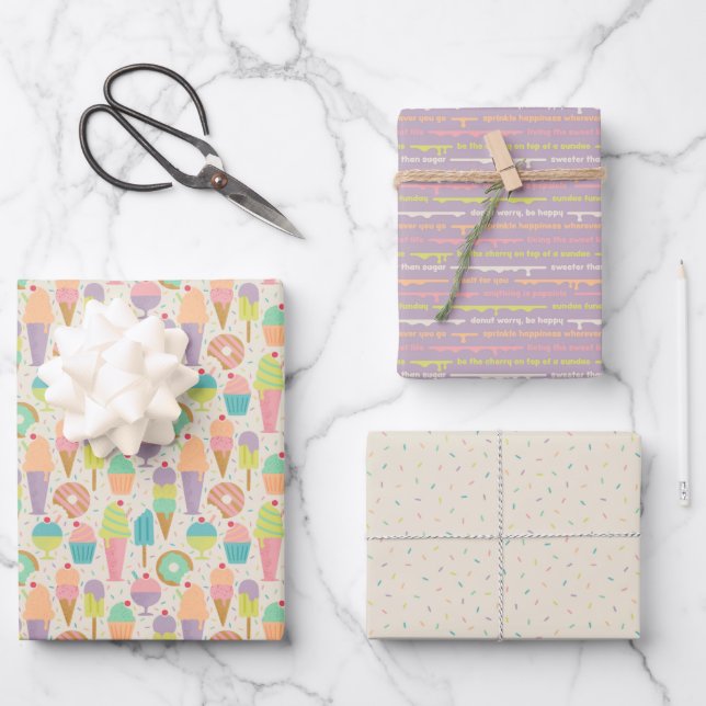 Ice Cream Sweet Treats & Sprinkles Birthday Party Wrapping Paper Sheets (Front)