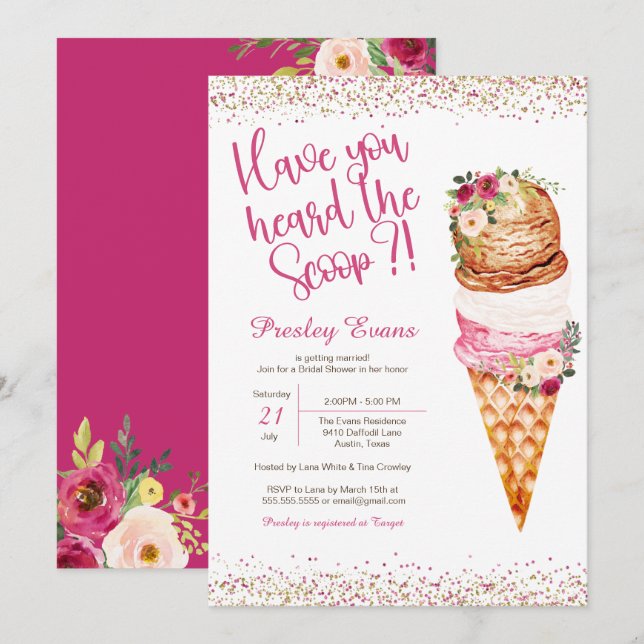 Ice Cream "The Scoop" Watercolor Bridal Shower Invitation (Front/Back)