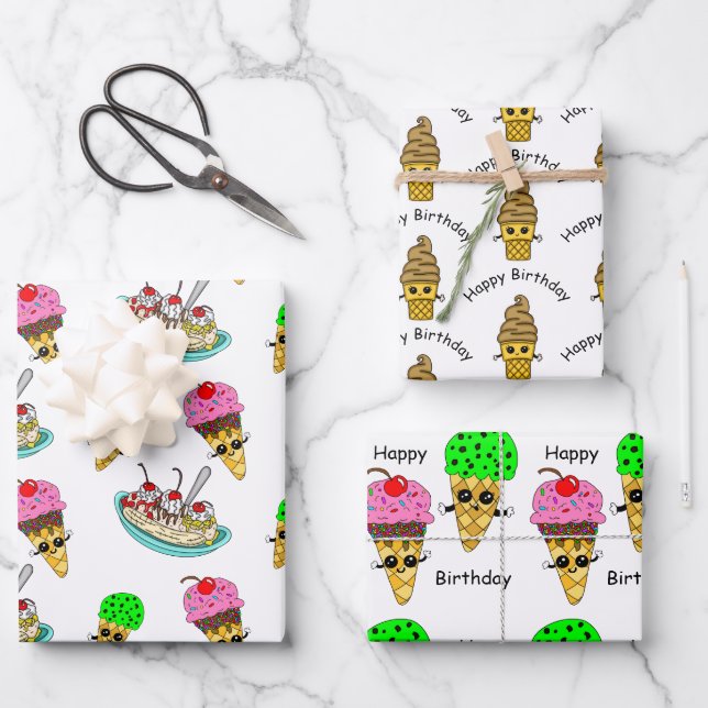 Ice Cream Themed Birthday Party Wrapping Paper Sheets (Front)
