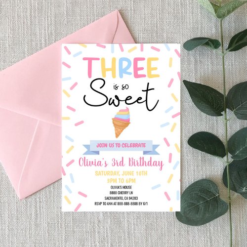 Ice Cream Three Is Sweet 3rd Third Birthday Party Invitation