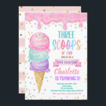 Ice Cream Three Scoops of Fun 3rd Birthday Party Invitation<br><div class="desc">Cute birthday invitation in style. 
Theme: Ice Cream - 3 Scoops of Fun.
Occasion: Kid Girl 3rd Birthday Party.
Style: Cute,  Cheerful,  Fun,  Elegant.
Colors: Pink,  Purple,  Turquoise,  White.
Graphics: Ice Cream,  Ice Cream Truck,  Pastel Balloons,  Polka Dots.</div>