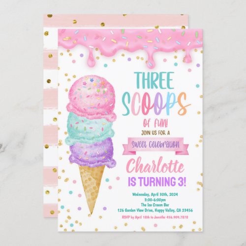 Ice Cream Three Scoops of Fun 3rd Birthday Party Invitation