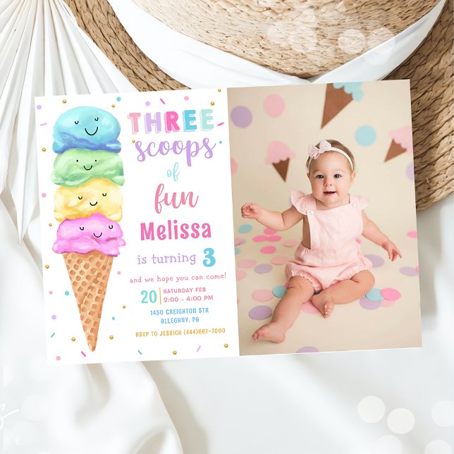 Ice Cream Three Scoops of Fun Birthday Photo Invitation (Creator Uploaded)