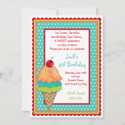 Ice Cream Treats Birthday  Boy Invitations
