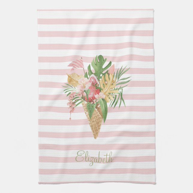  Ice cream,Tropical Leaves Fruit,Pink Stripes  Kitchen Towel (Vertical)