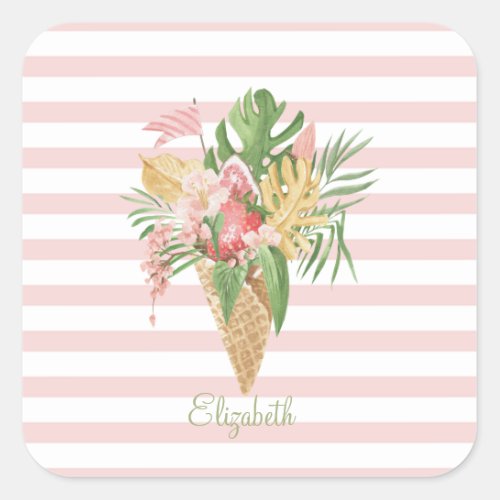  Ice creamTropical Leaves FruitPink Stripes  Square Sticker
