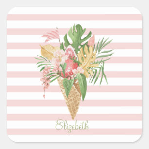 Ice cream,Tropical Leaves Fruit,Pink Stripes Square Sticker