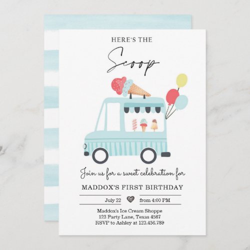 Ice Cream Truck 1st Birthday Invite Boy Scoop 