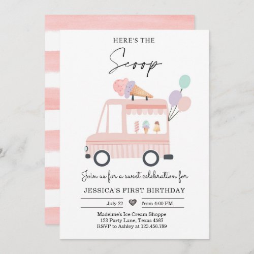 Ice Cream Truck 1st Birthday Invite Pink Scoop 