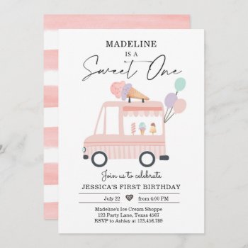 Ice Cream Truck 1st Birthday Invite Pink Sweet One by Anietillustration at Zazzle
