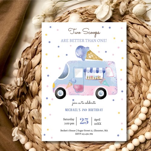 Ice cream truck 2 scoops second birthday invitation