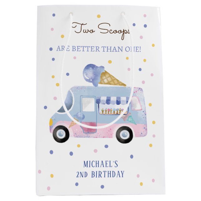 Ice cream truck 2 scoops second birthday medium gift bag (Front)