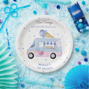 Ice cream truck 2 scoops second birthday paper plates
