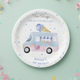Ice cream truck 2 scoops second birthday paper plates