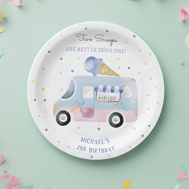 Ice cream truck 2 scoops second birthday paper plates (Creator Uploaded)