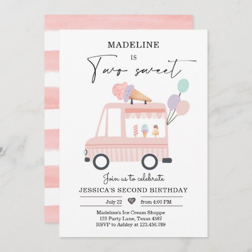 Ice Cream Truck 2nd Birthday Invite Pink Two Sweet