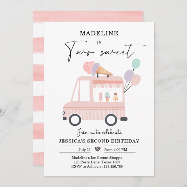 Ice Cream Truck 2nd Birthday Invite Pink Two Sweet (Front/Back)