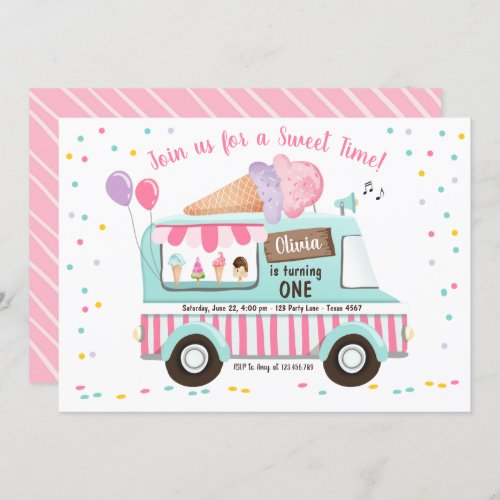 Ice Cream Truck Birthday Invitation Girl Pink