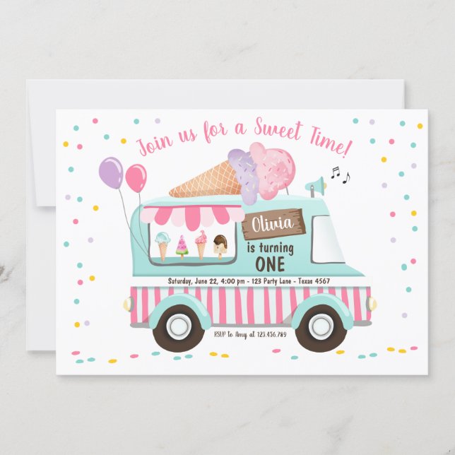 Ice Cream Truck Birthday Invitation Girl Pink (Front)