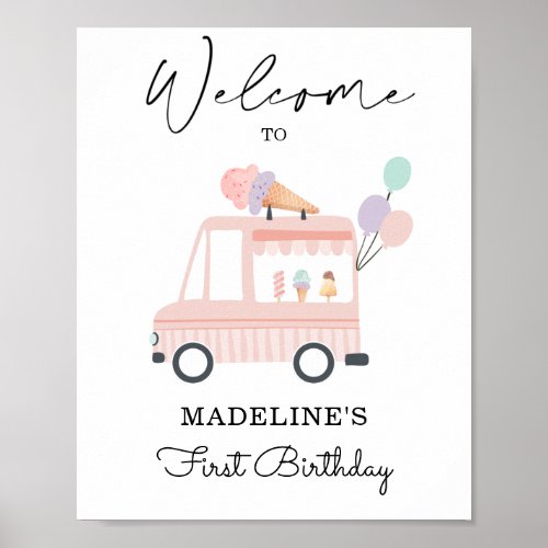 Ice Cream Truck Birthday Welcome Sign Girl Pink