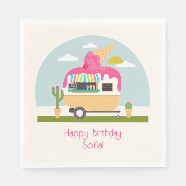 Ice Cream Truck Camper Girls Pink Birthday Napkins (Front)