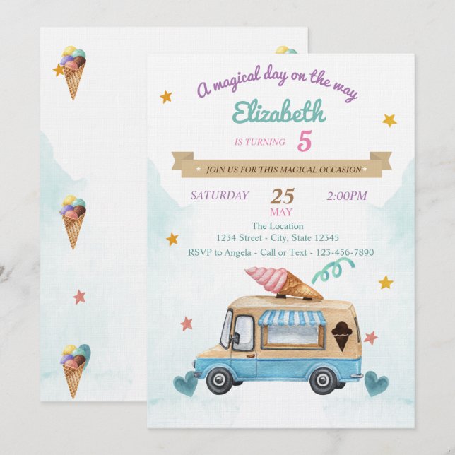Ice Cream Truck,Cones, Birthday   Invitation (Front/Back)