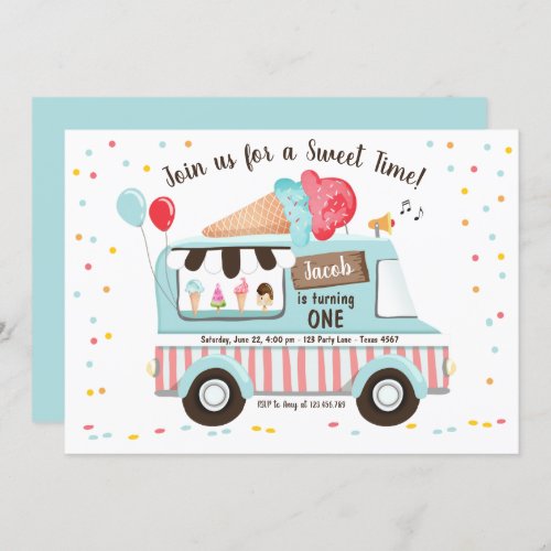 Ice Cream Truck First Birthday Invitation Boy Girl