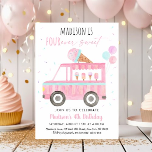 Ice Cream Truck Four Ever Sweet Birthday Invitation