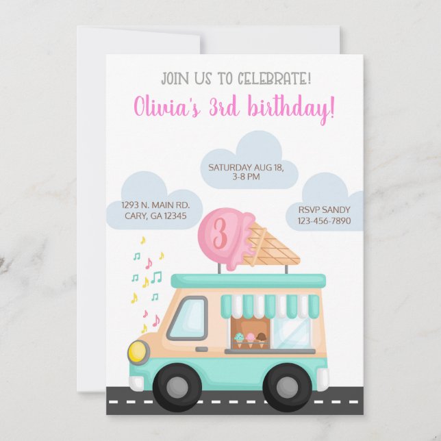 Ice cream truck girl birthday invitation. invitation (Front)