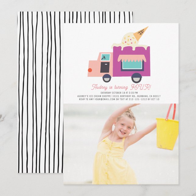 Ice Cream Truck Girl Photo Birthday Invitation (Front/Back)