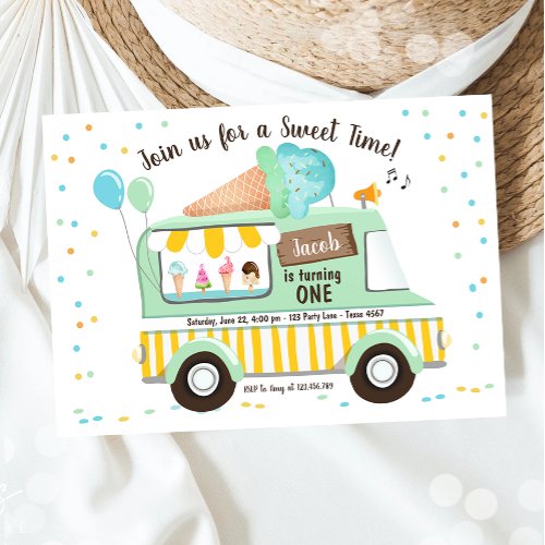 Ice Cream Truck Mint Blue Boy First Birthday  Invitation