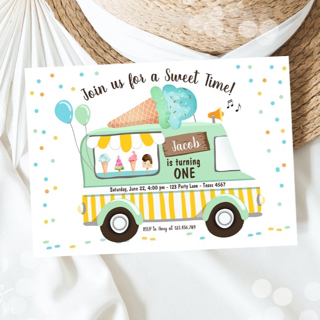 Ice Cream Truck Mint Blue Boy First Birthday  Invitation (Creator Uploaded)
