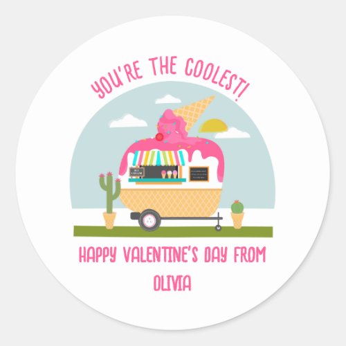 Ice Cream Truck Pink Classroom Valentine  Classic Round Sticker