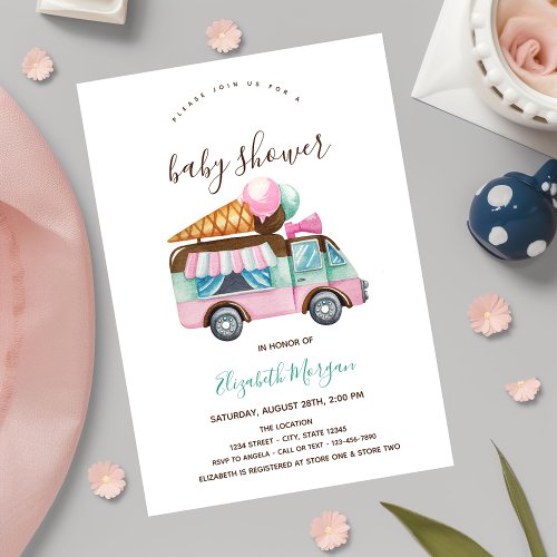 Ice Cream Truck Pink Striped Baby Shower Invitation