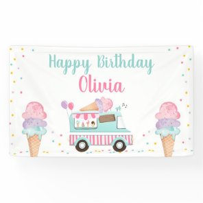 Ice Cream Truck Pink Teal Girl Birthday Backdrop Banner