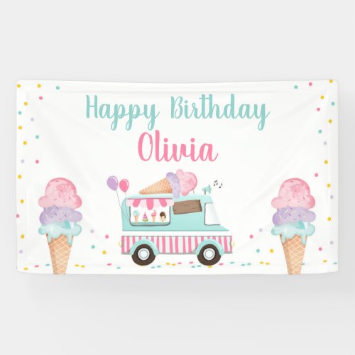 Ice Cream Truck Pink Teal Girl Birthday Backdrop Banner