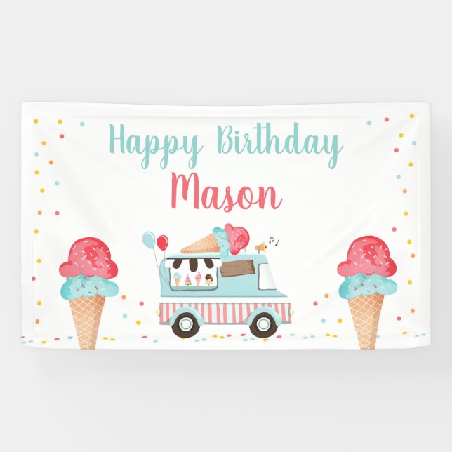 Ice Cream Truck Red Blue Boy Birthday Backdrop Banner (Horizontal)