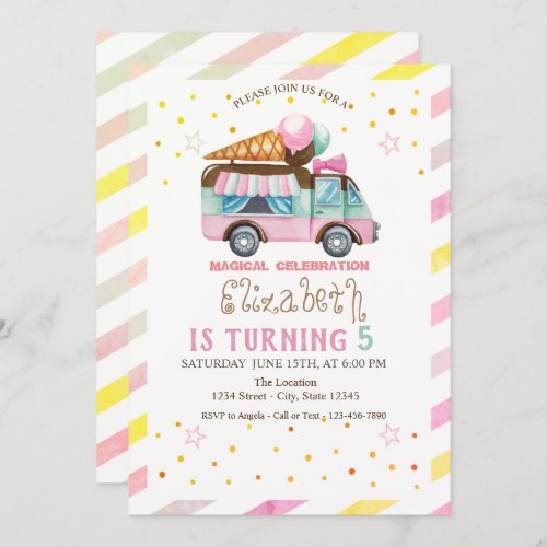 Ice Cream Truck Striped Birthday Invitation
