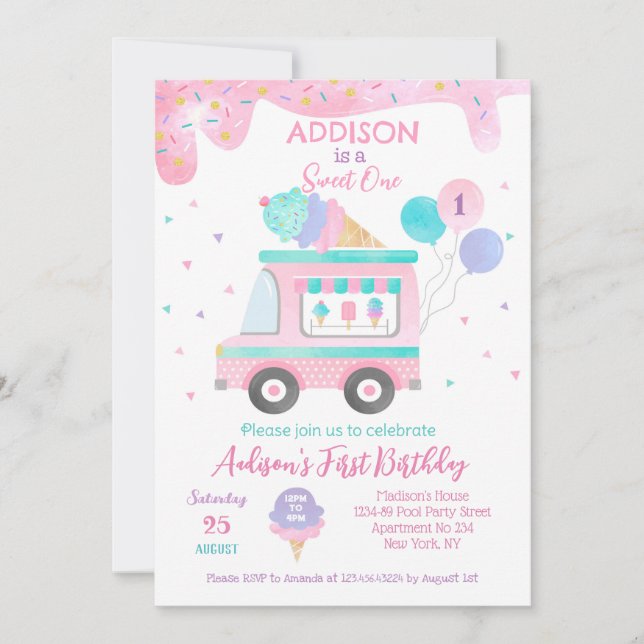 Ice Cream truck Sweet One 1st Birthday Invitations (Front)